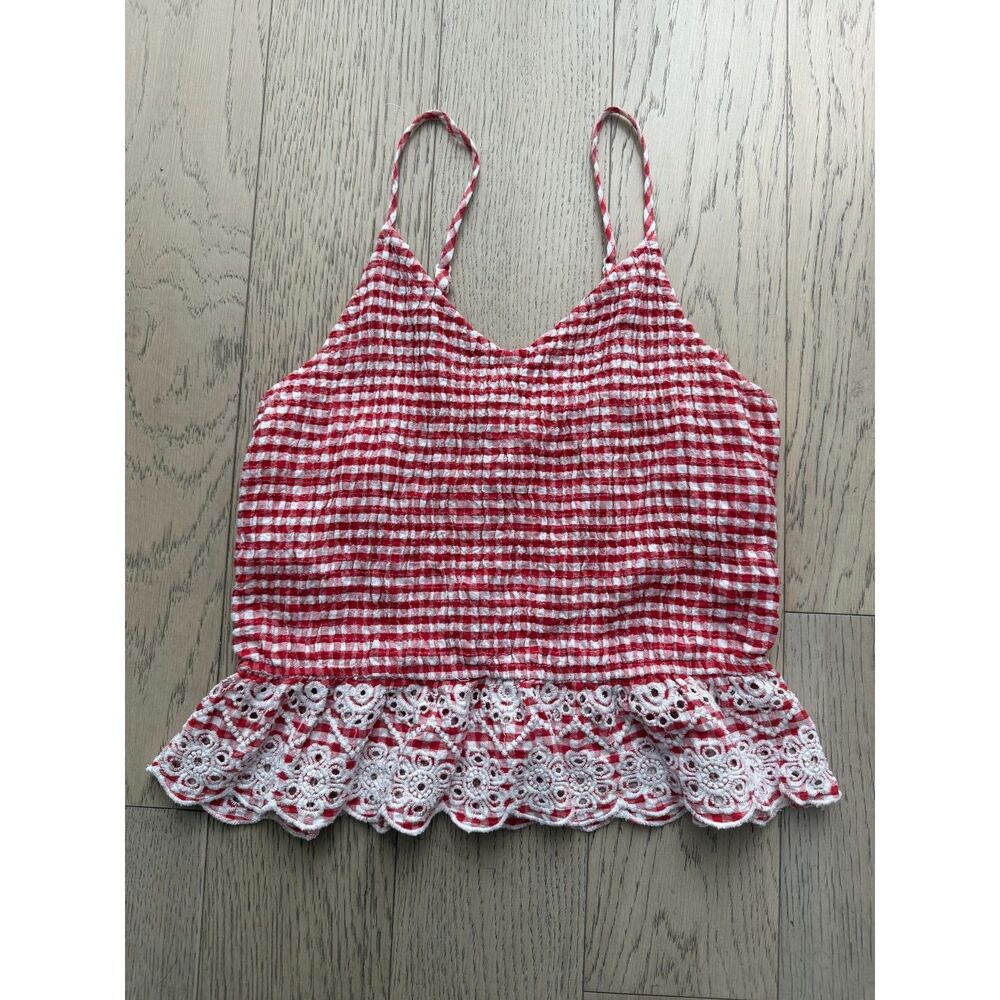 Sim & Sam Red Gingham Smocked Crop Top with White Eyelet Lace Hem - Size L